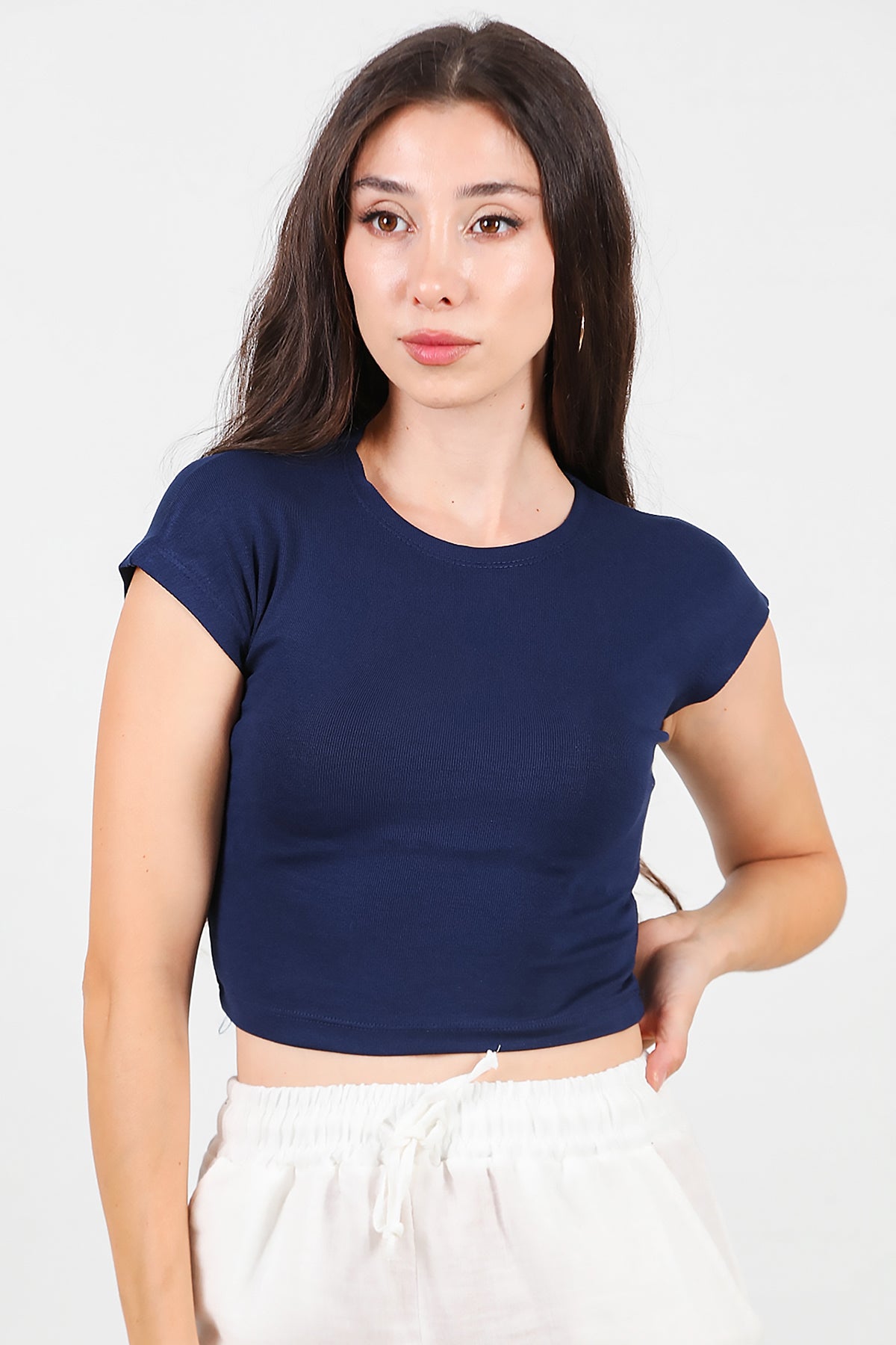 Kadın Düşük Omuz Kısa T-Shirt Lacivert