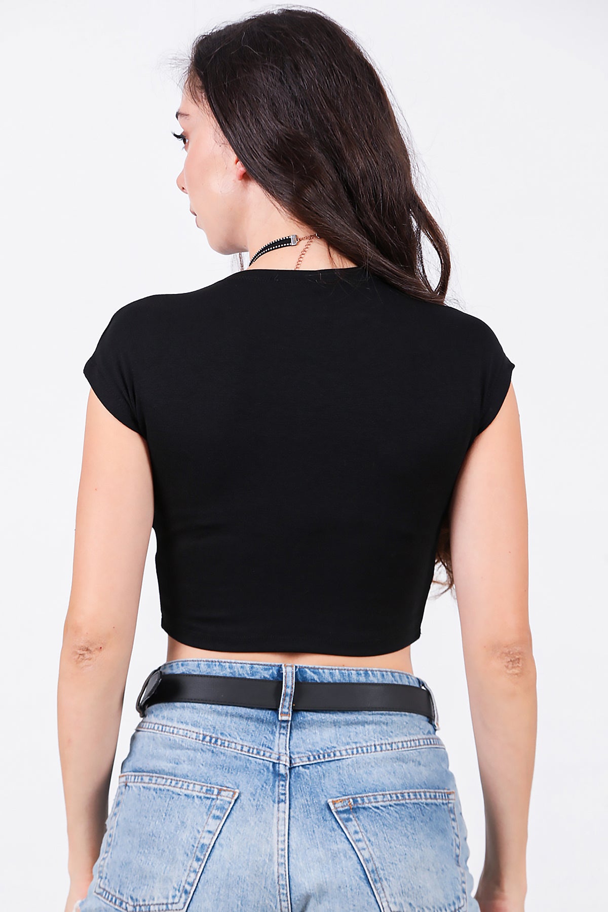 Kadın Düşük Omuz Kısa T-Shirt Siyah