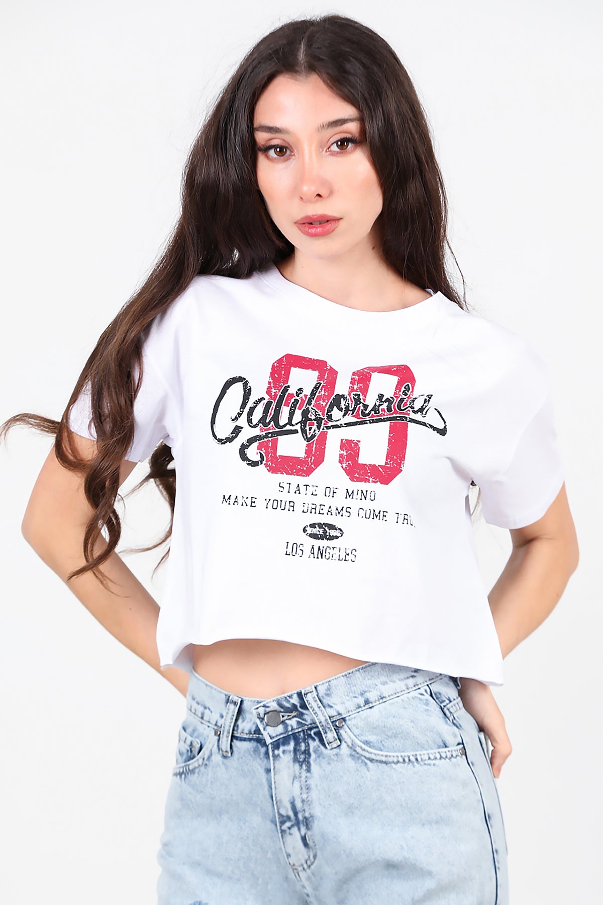 Kadın Baskılı Kısa T-Shirt Ekru