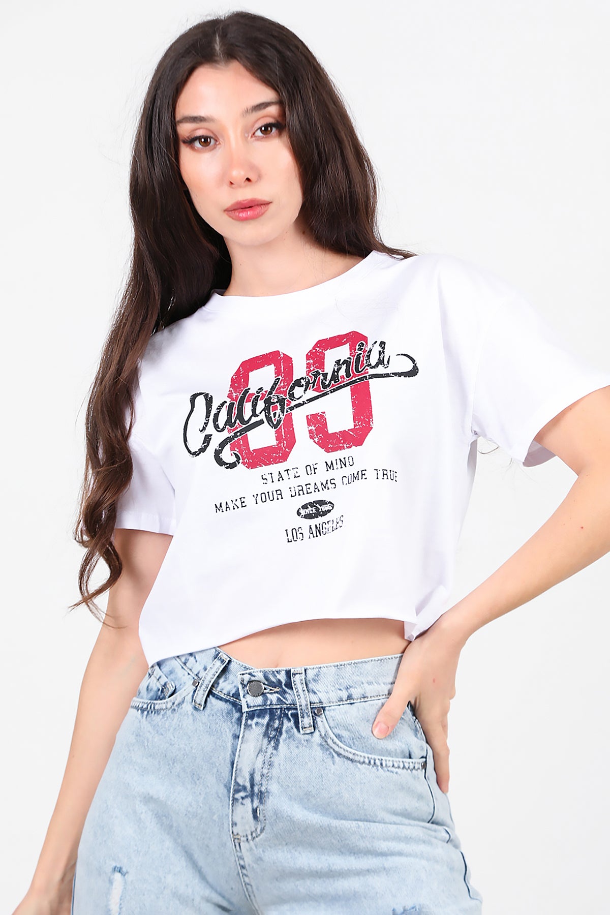 Kadın Baskılı Kısa T-Shirt Ekru