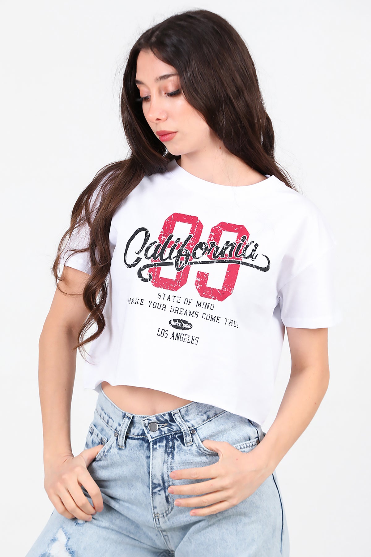 Kadın Baskılı Kısa T-Shirt Ekru
