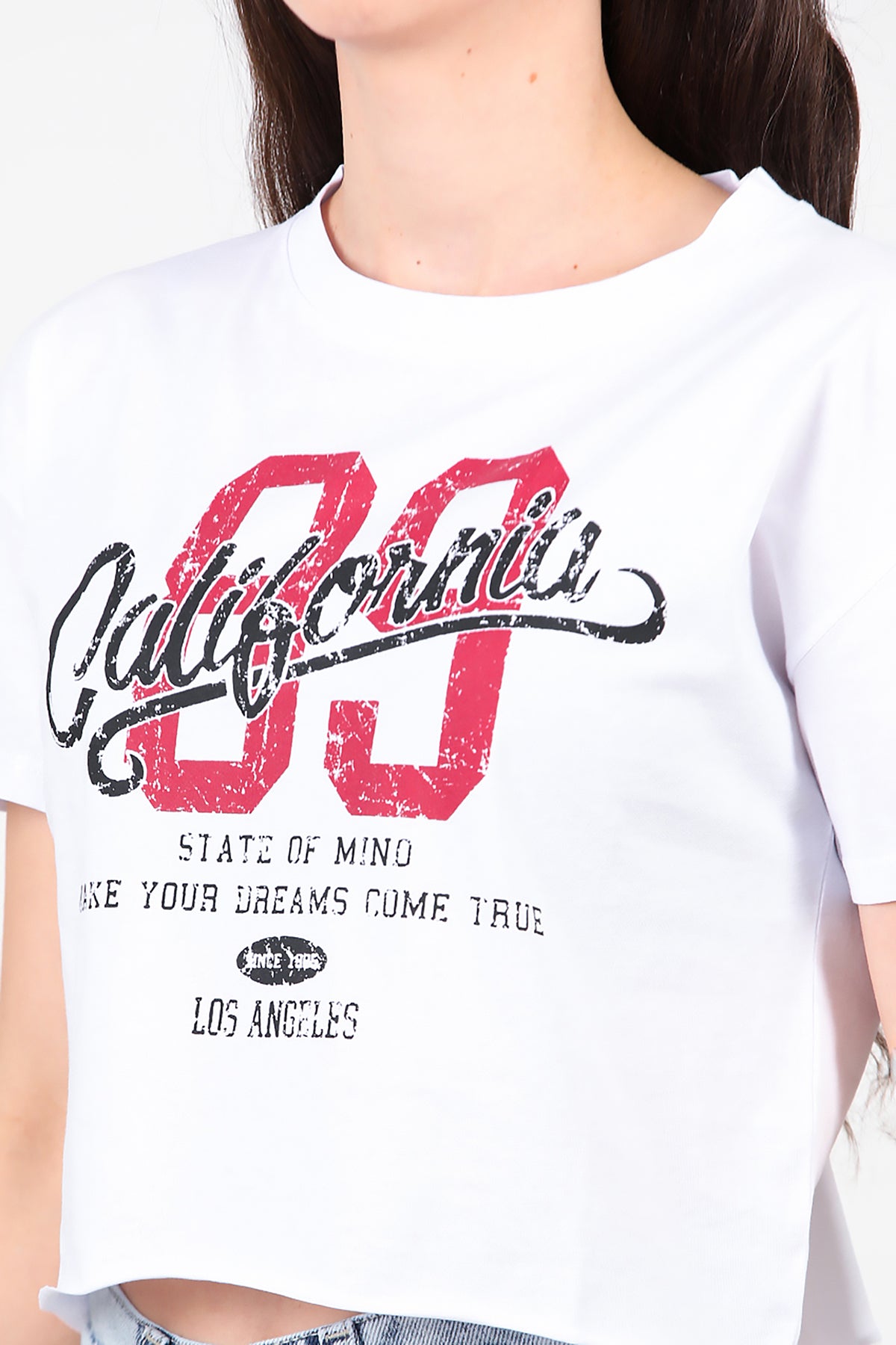 Kadın Baskılı Kısa T-Shirt Ekru