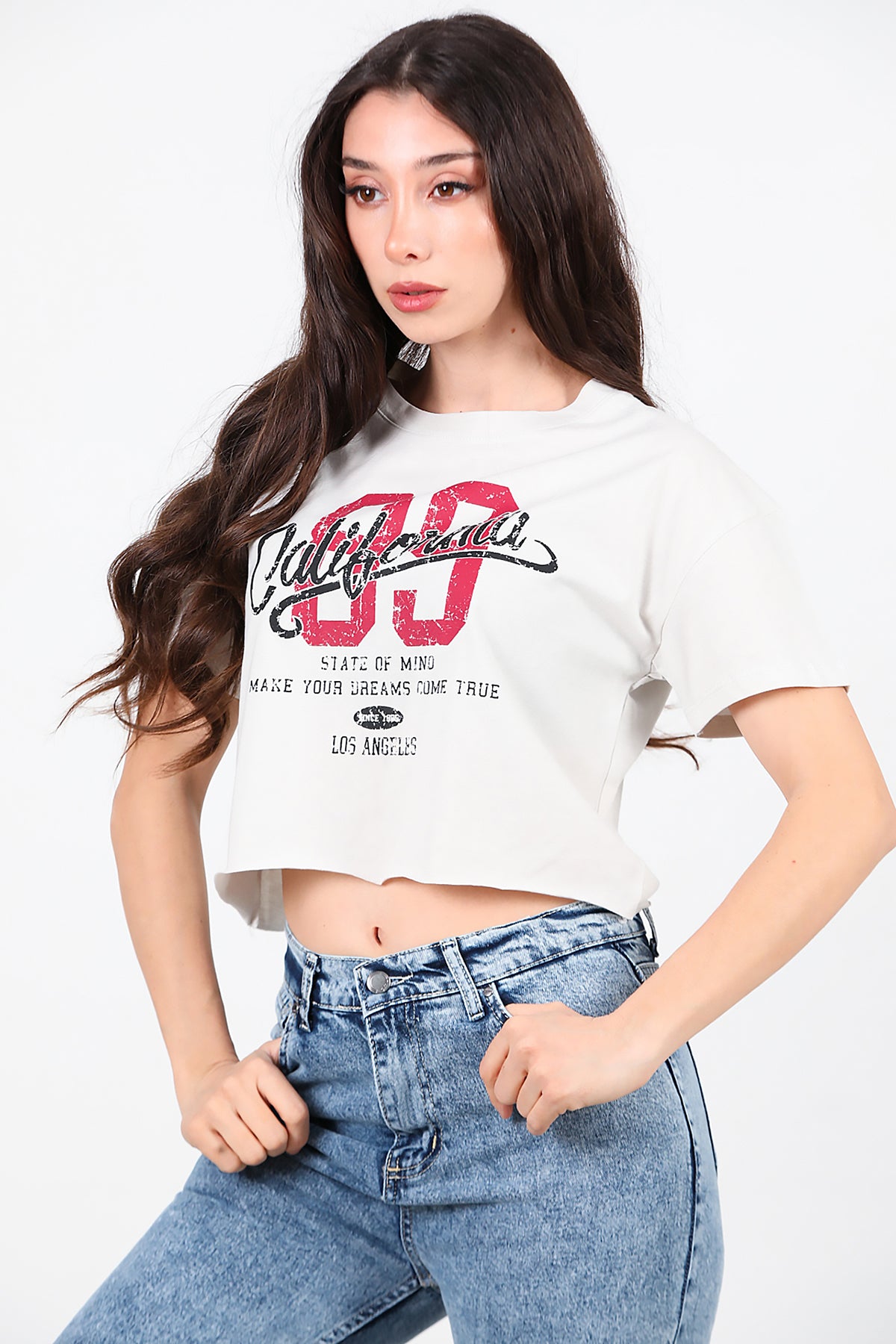 Kadın Baskılı Kısa T-Shirt Taş
