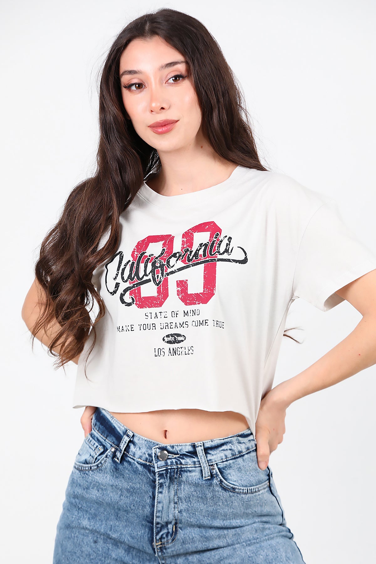Kadın Baskılı Kısa T-Shirt Taş