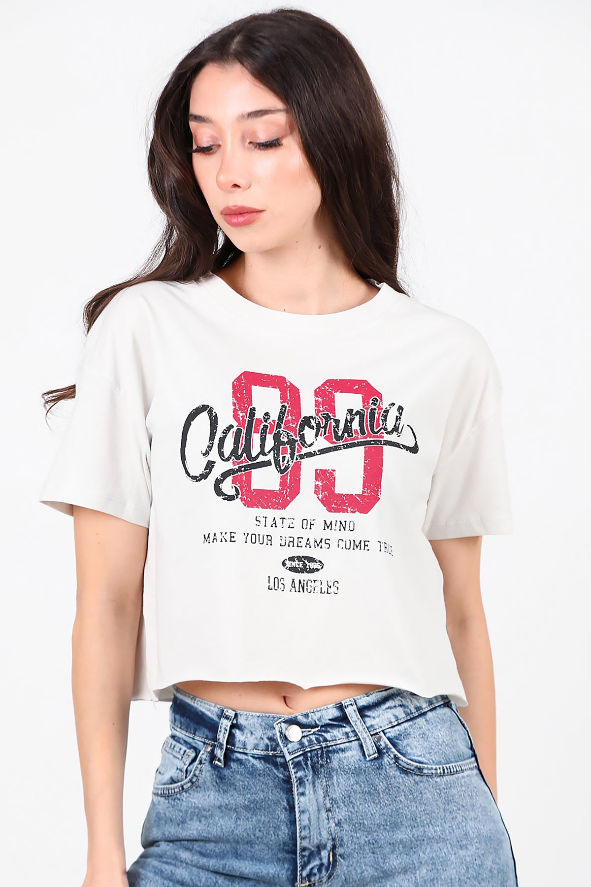 Kadın Baskılı Kısa T-Shirt Taş