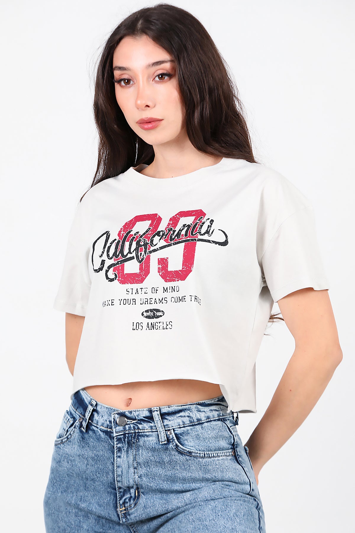Kadın Baskılı Kısa T-Shirt Taş