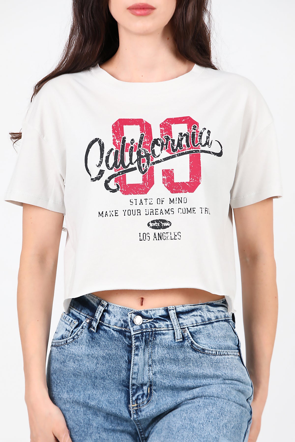 Kadın Baskılı Kısa T-Shirt Taş