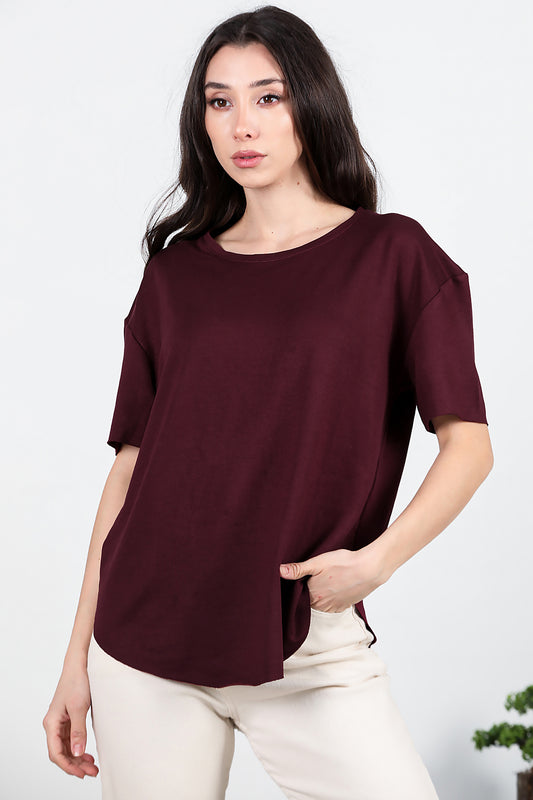 Kadın Eteği Oval Bisiklet Yaka T-shirt Bordo