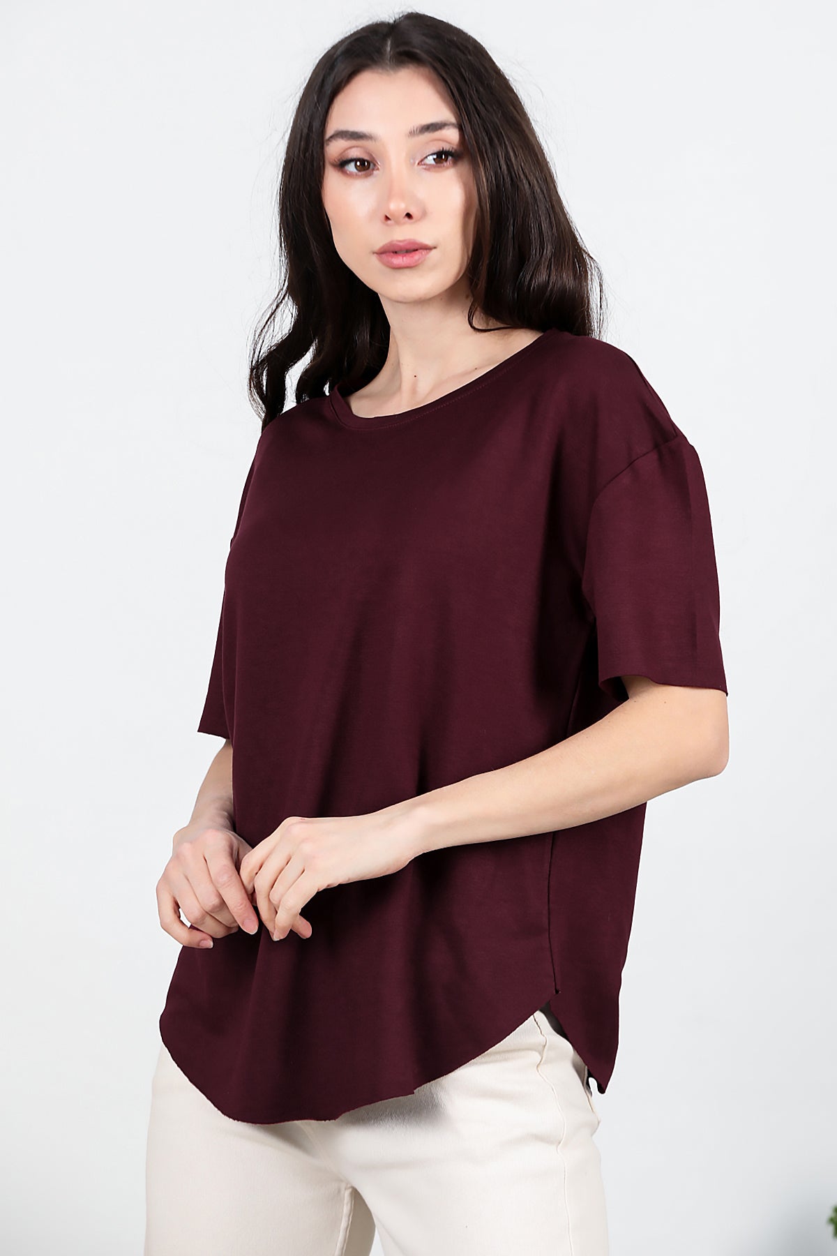 Kadın Eteği Oval Bisiklet Yaka T-shirt Bordo