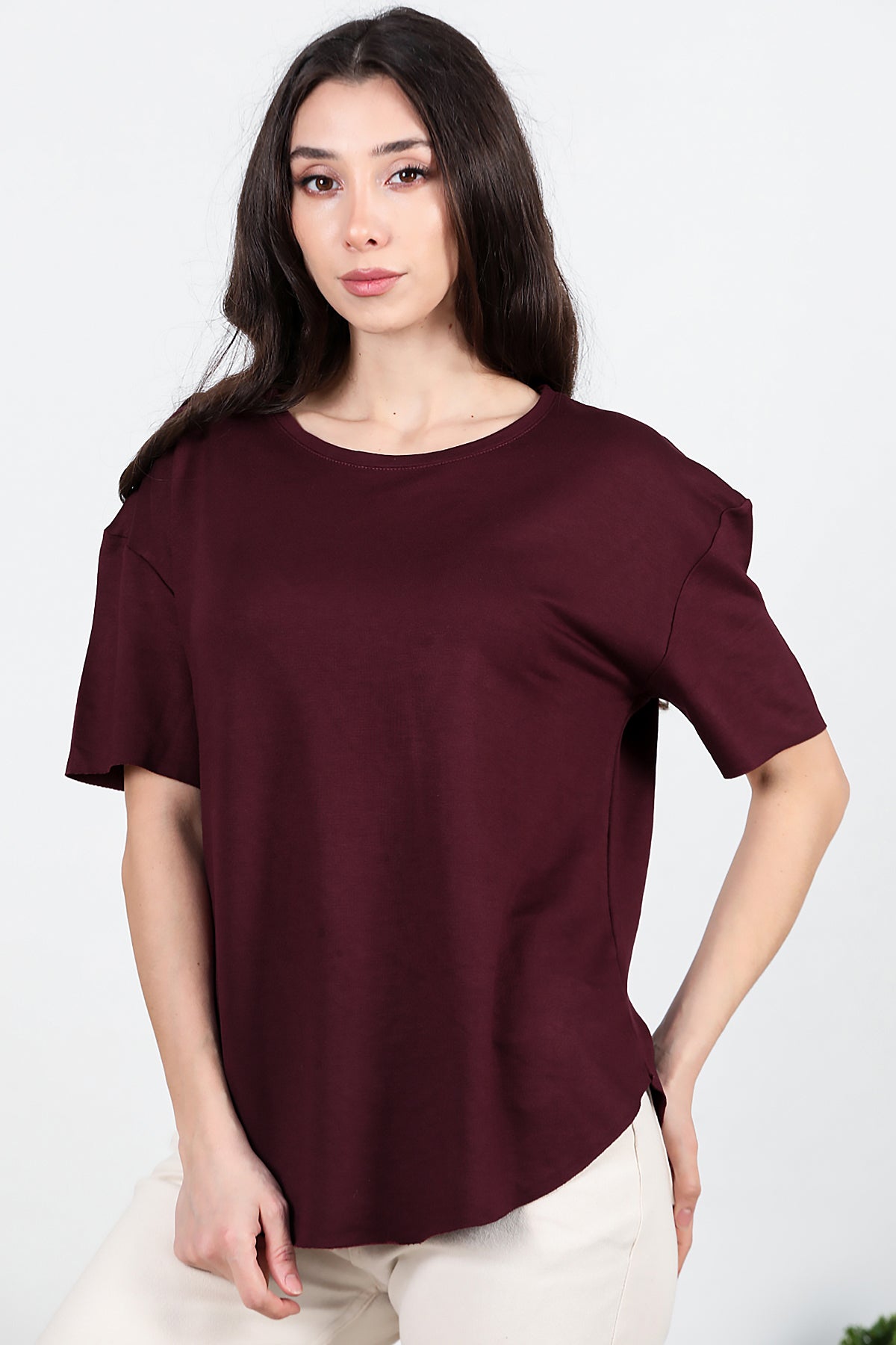 Kadın Eteği Oval Bisiklet Yaka T-shirt Bordo