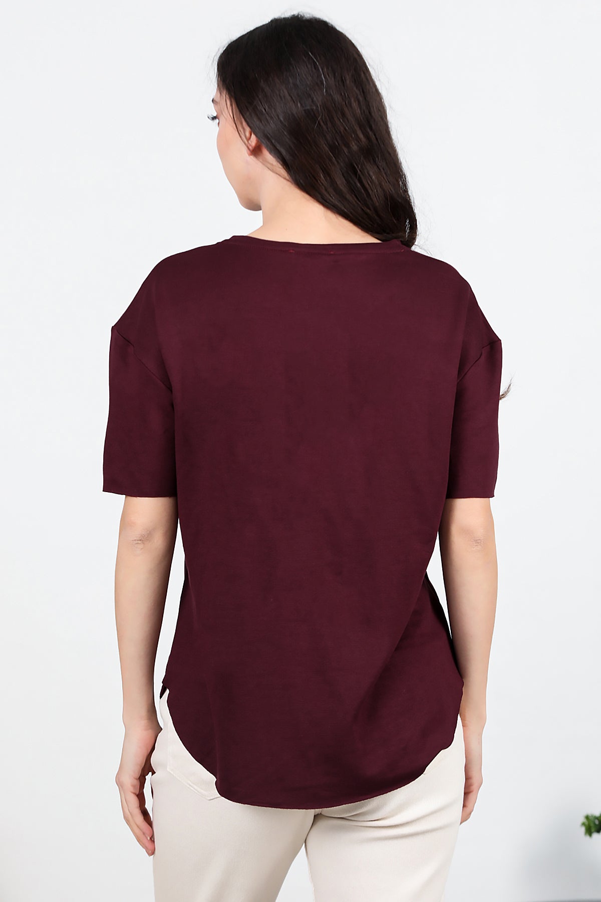 Kadın Eteği Oval Bisiklet Yaka T-shirt Bordo