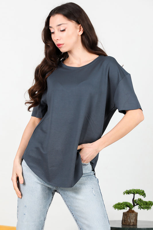 Kadın Eteği Oval Bisiklet Yaka T-shirt Füme