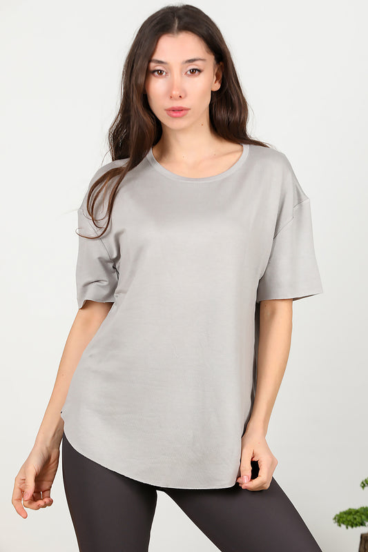 Kadın Eteği Oval Bisiklet Yaka T-shirt Gri