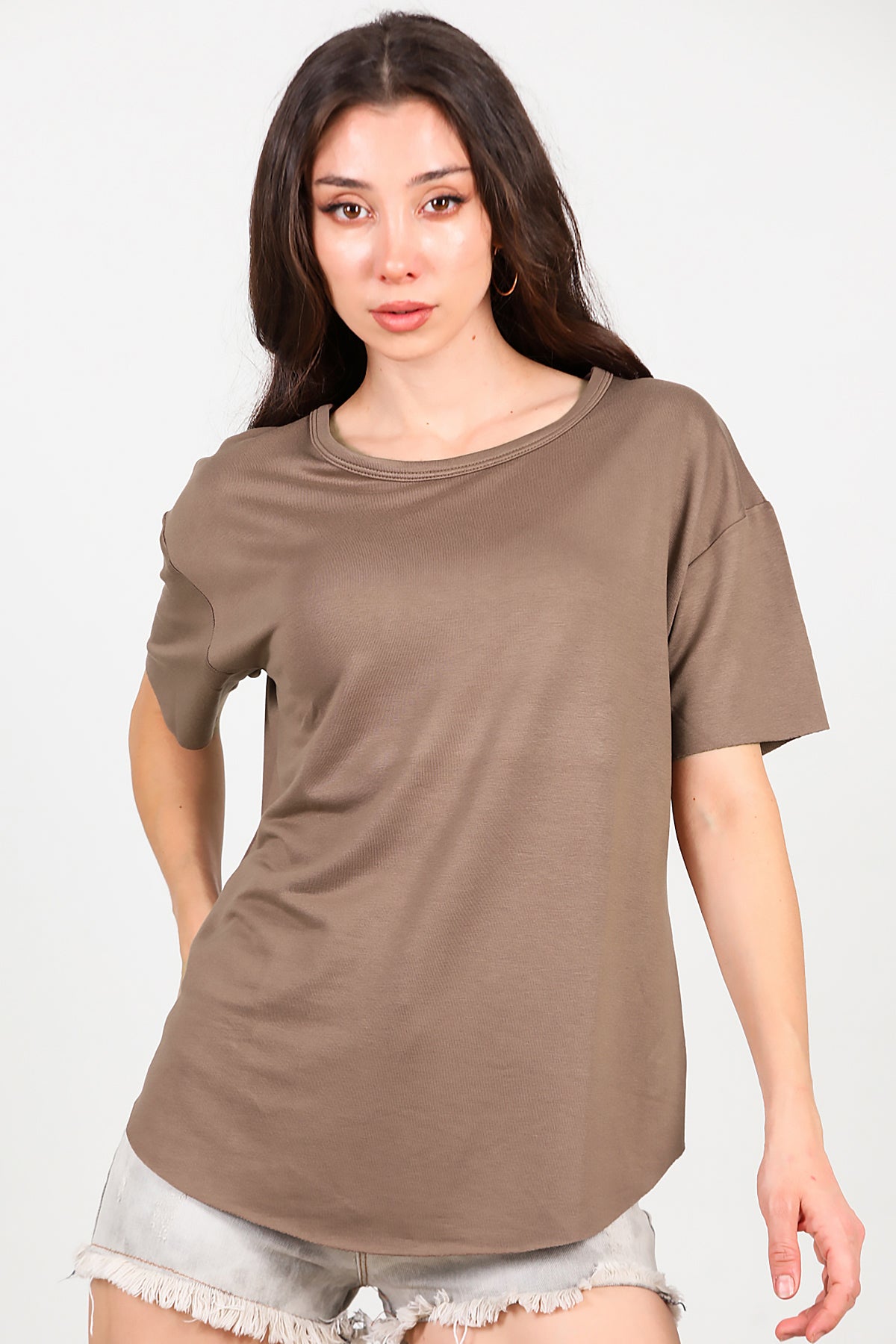 Kadın Eteği Oval Bisiklet Yaka T-shirt Kahverengi