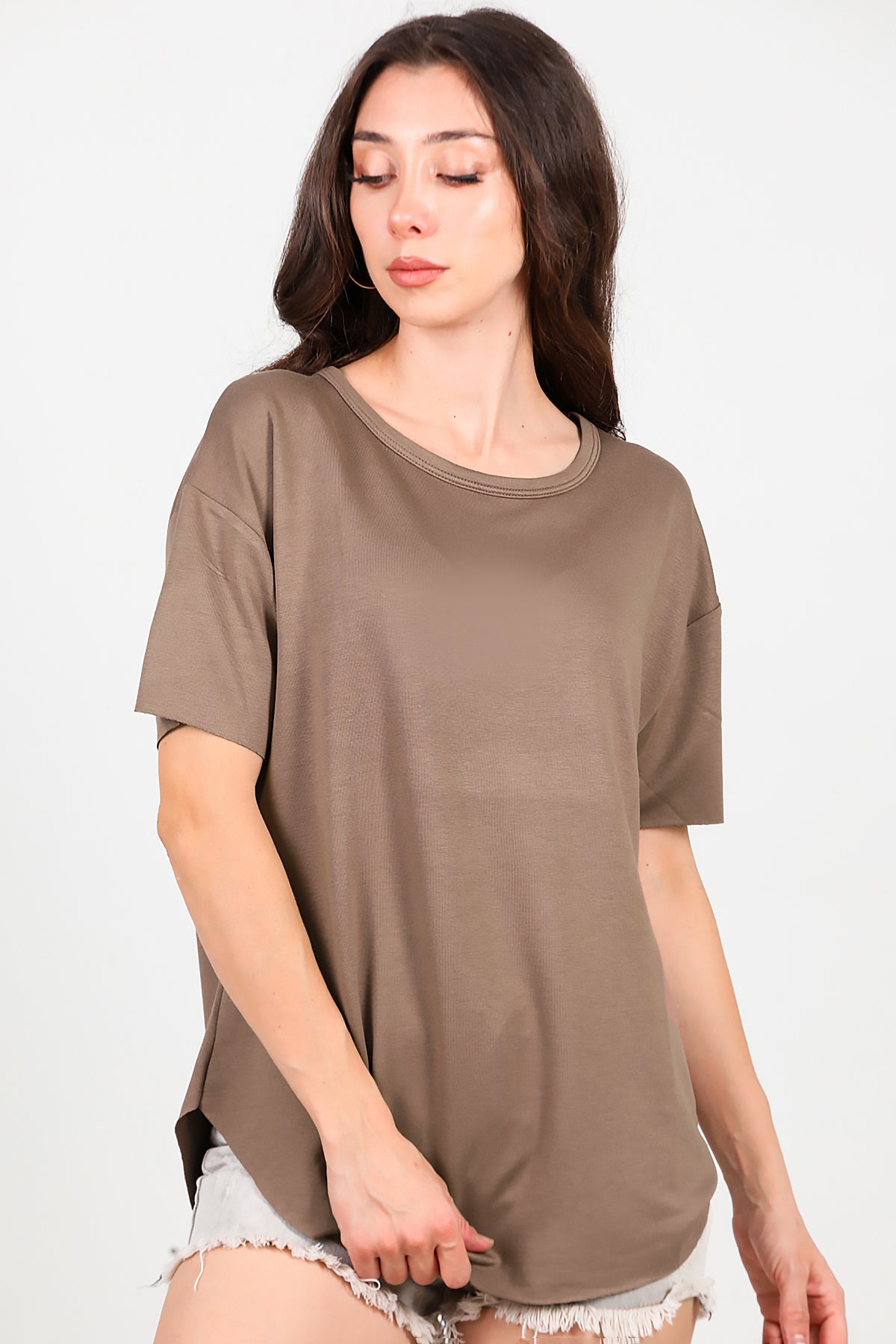 Kadın Eteği Oval Bisiklet Yaka T-shirt Kahverengi
