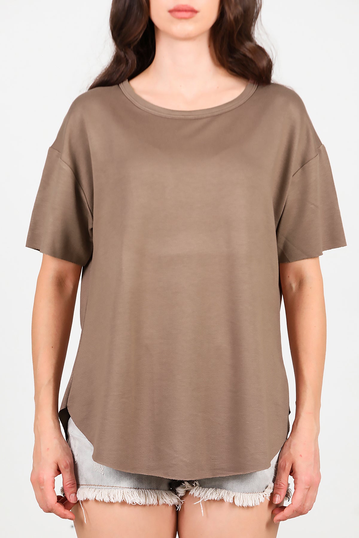 Kadın Eteği Oval Bisiklet Yaka T-shirt Kahverengi