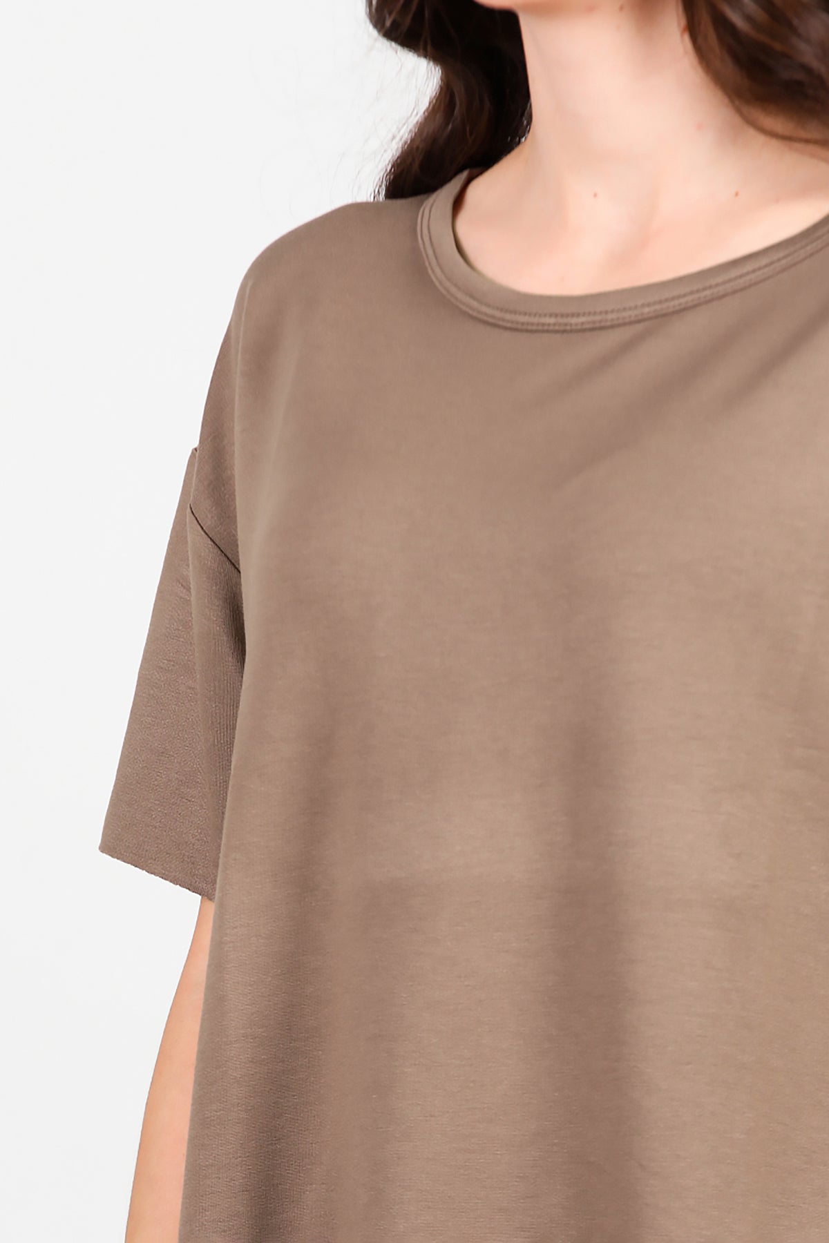 Kadın Eteği Oval Bisiklet Yaka T-shirt Kahverengi