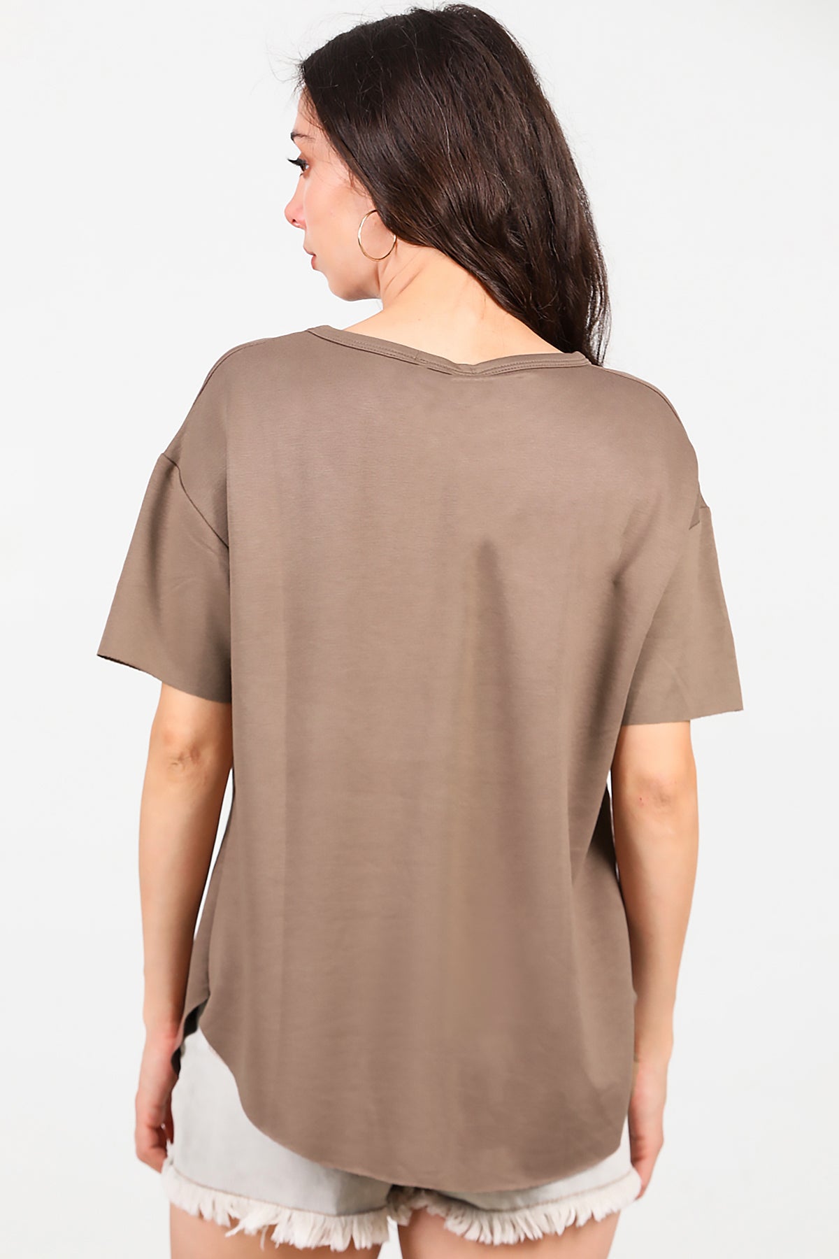 Kadın Eteği Oval Bisiklet Yaka T-shirt Kahverengi