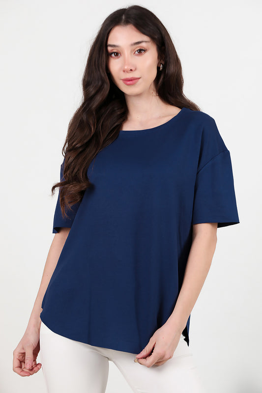 Kadın Eteği Oval Bisiklet Yaka T-shirt Lacivert