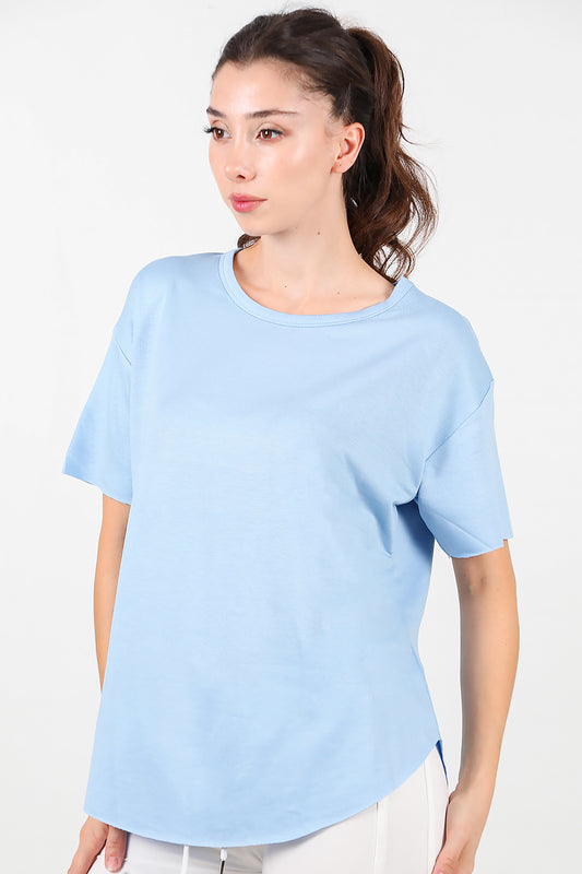 Kadın Eteği Oval Bisiklet Yaka T-shirt Mavi