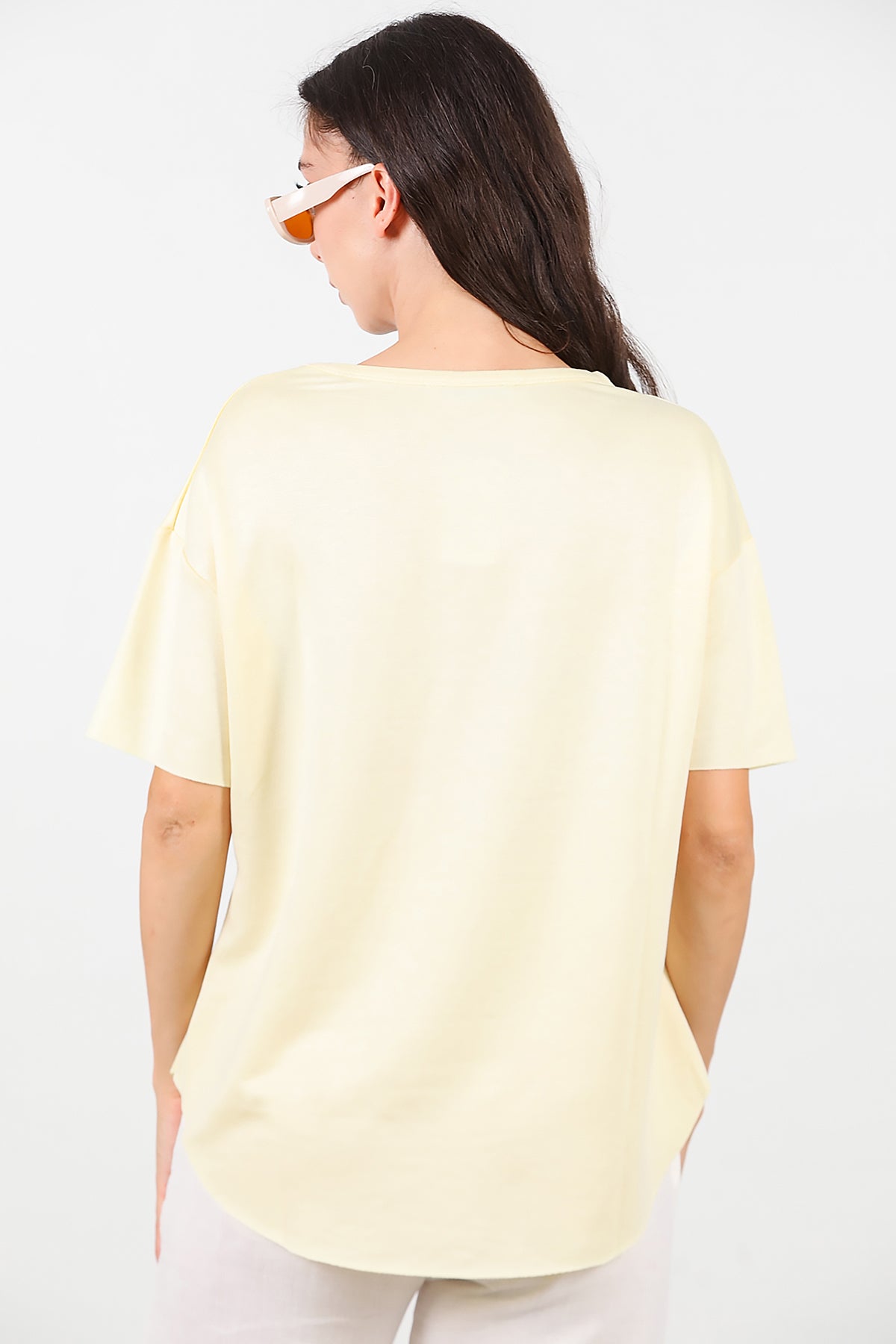 Kadın Eteği Oval Bisiklet Yaka T-shirt Sarı