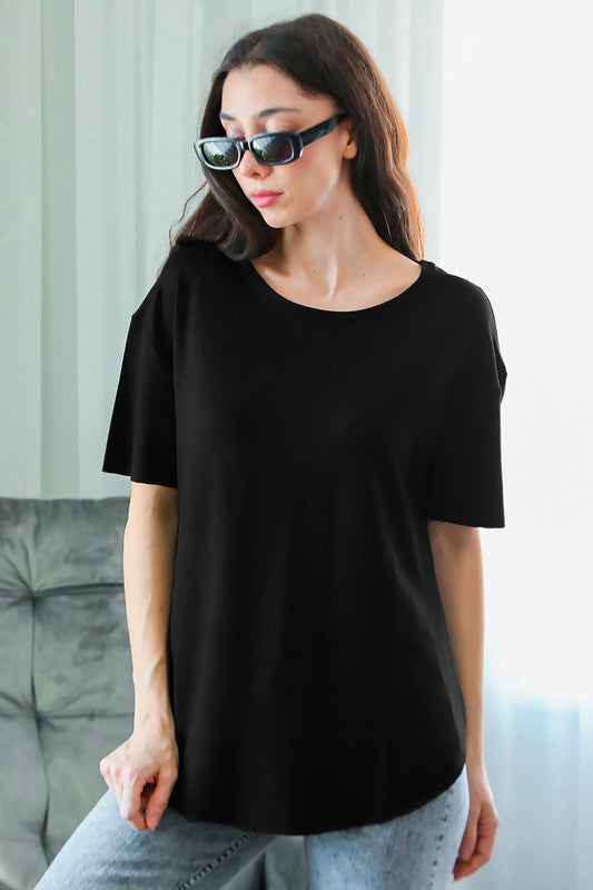 Kadın Eteği Oval Bisiklet Yaka T-shirt Siyah