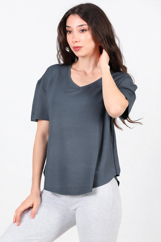 Kadın Eteği Oval V Yaka T-Shirt Füme
