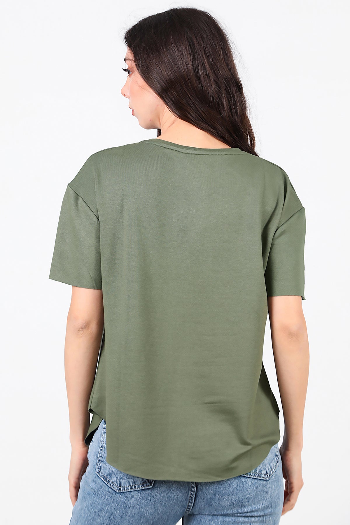 Kadın Eteği Oval V Yaka T-Shirt Haki