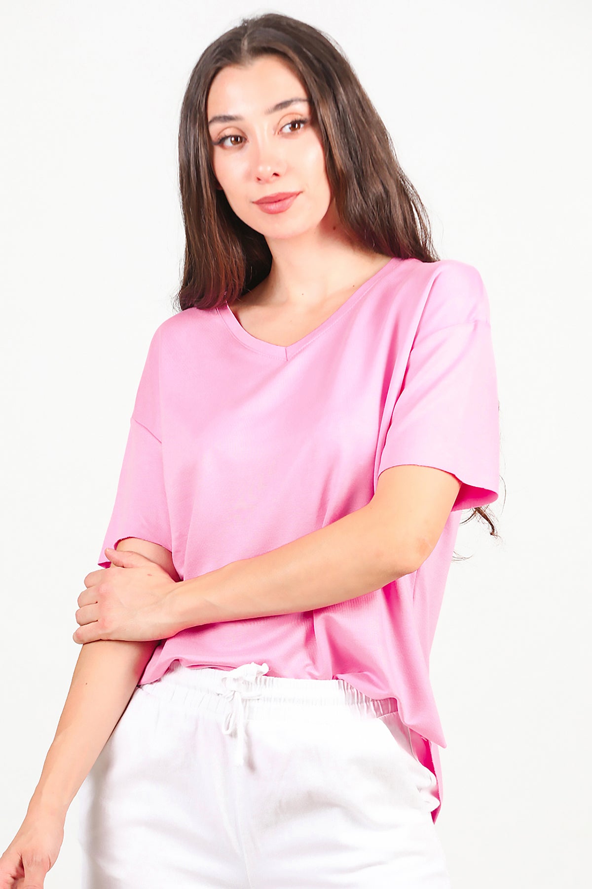 Kadın Eteği Oval V Yaka T-Shirt Pembe
