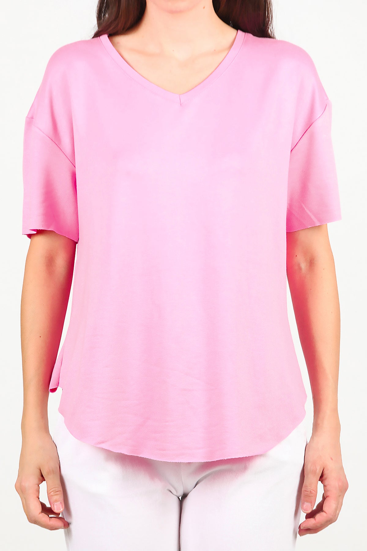 Kadın Eteği Oval V Yaka T-Shirt Pembe