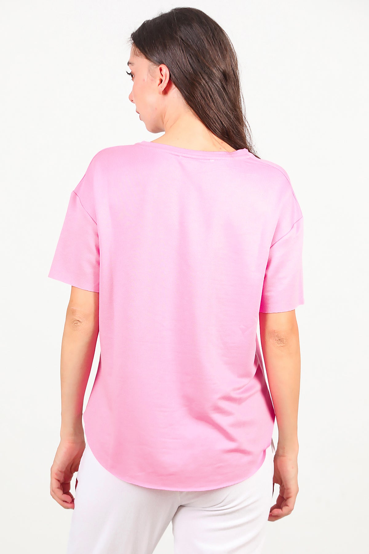 Kadın Eteği Oval V Yaka T-Shirt Pembe
