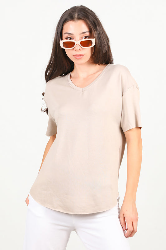 Kadın Eteği Oval V Yaka T-Shirt Vizon