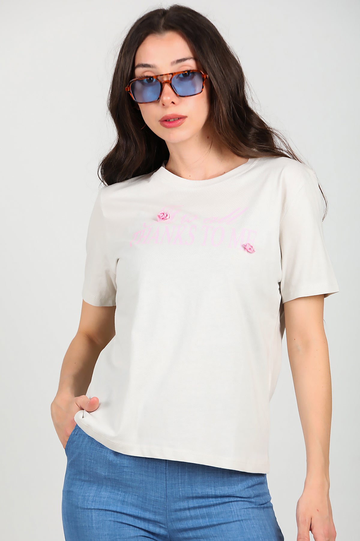 Kadın Bisiklet Yaka Baskılı T-Shirt Gri