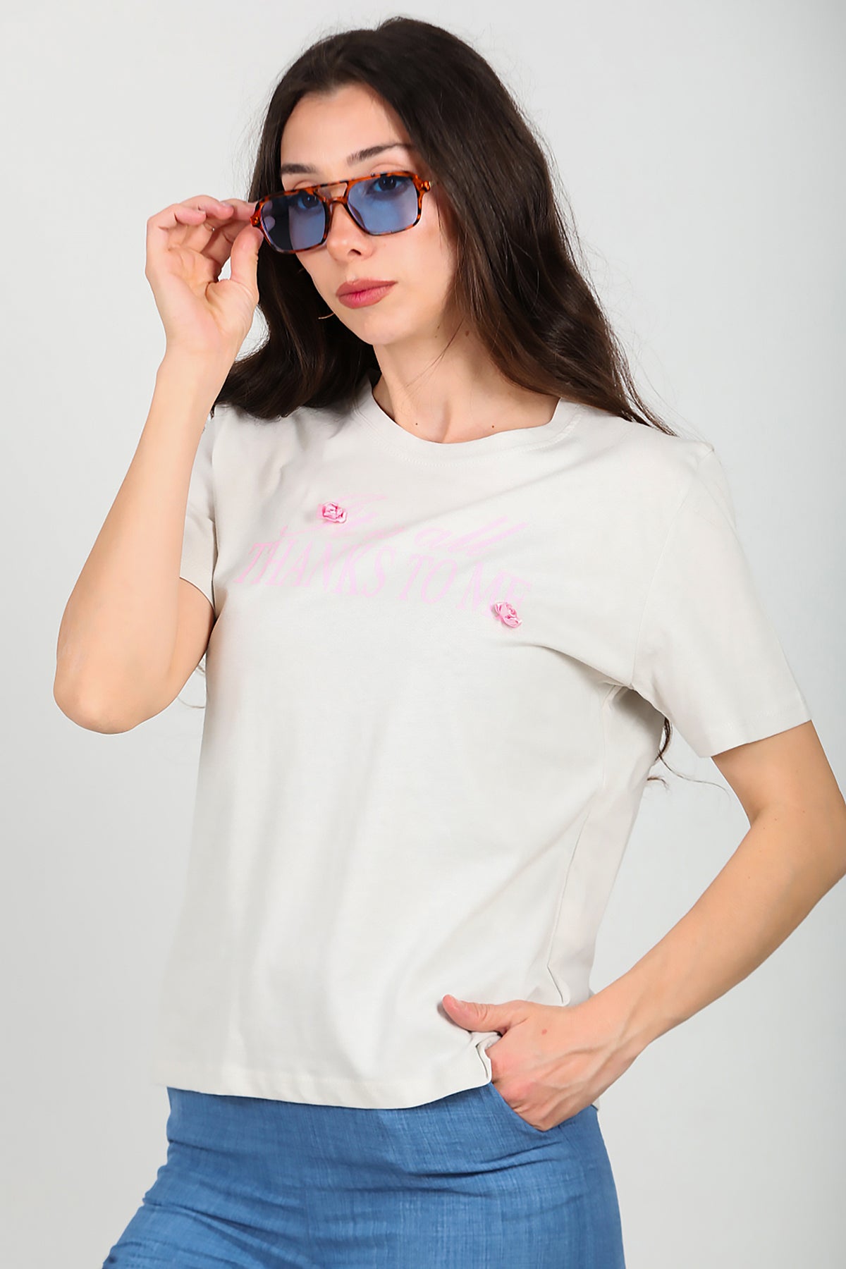 Kadın Bisiklet Yaka Baskılı T-Shirt Gri