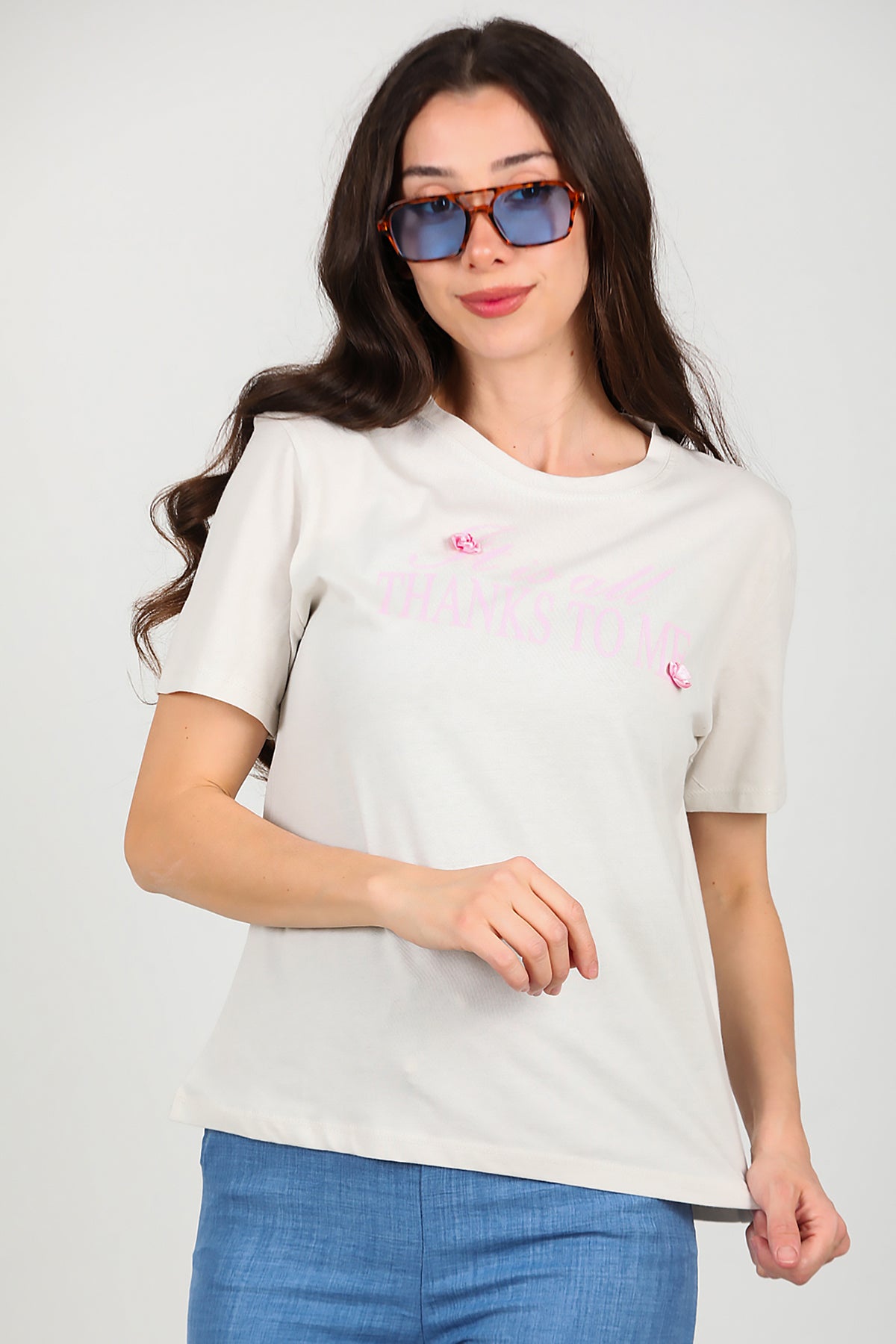 Kadın Bisiklet Yaka Baskılı T-Shirt Gri