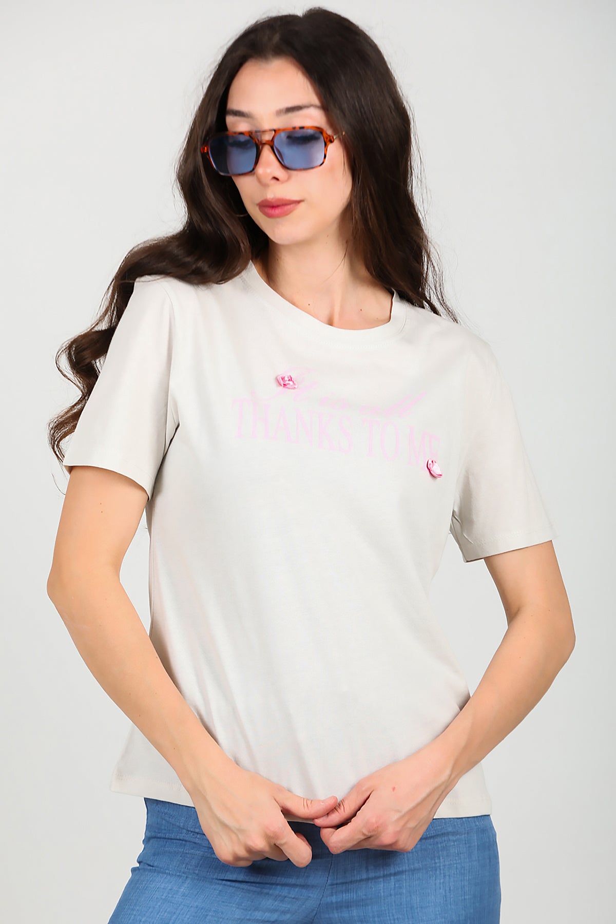 Kadın Bisiklet Yaka Baskılı T-Shirt Gri
