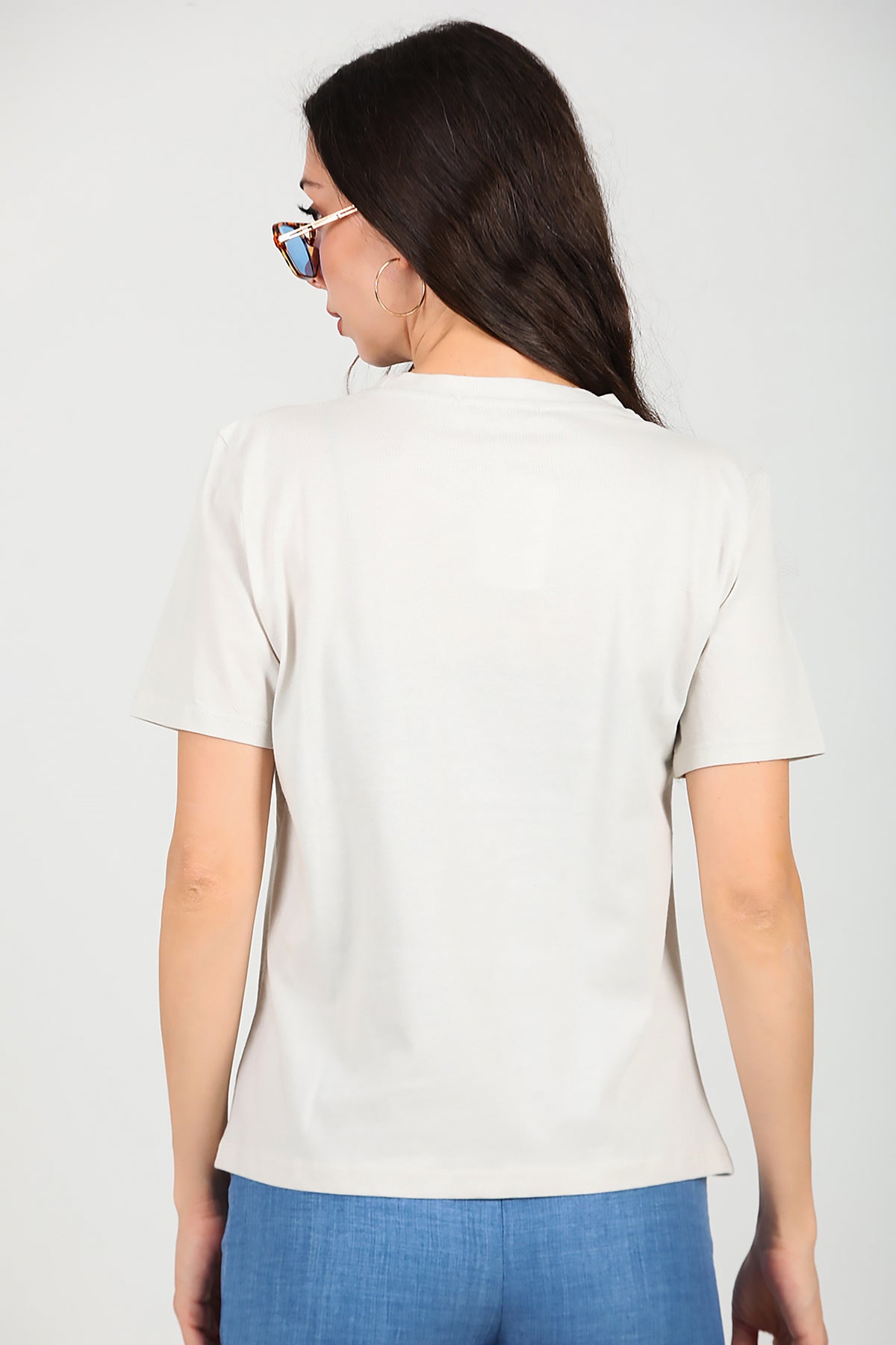 Kadın Bisiklet Yaka Baskılı T-Shirt Gri