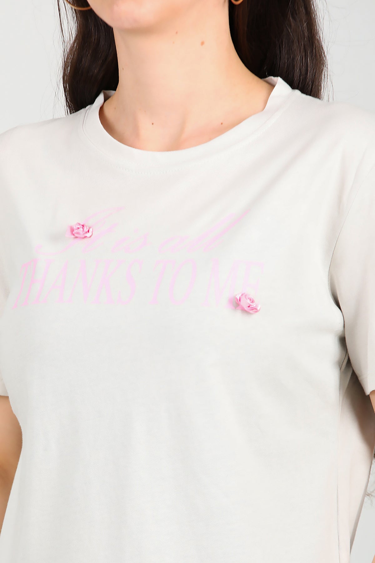 Kadın Bisiklet Yaka Baskılı T-Shirt Gri