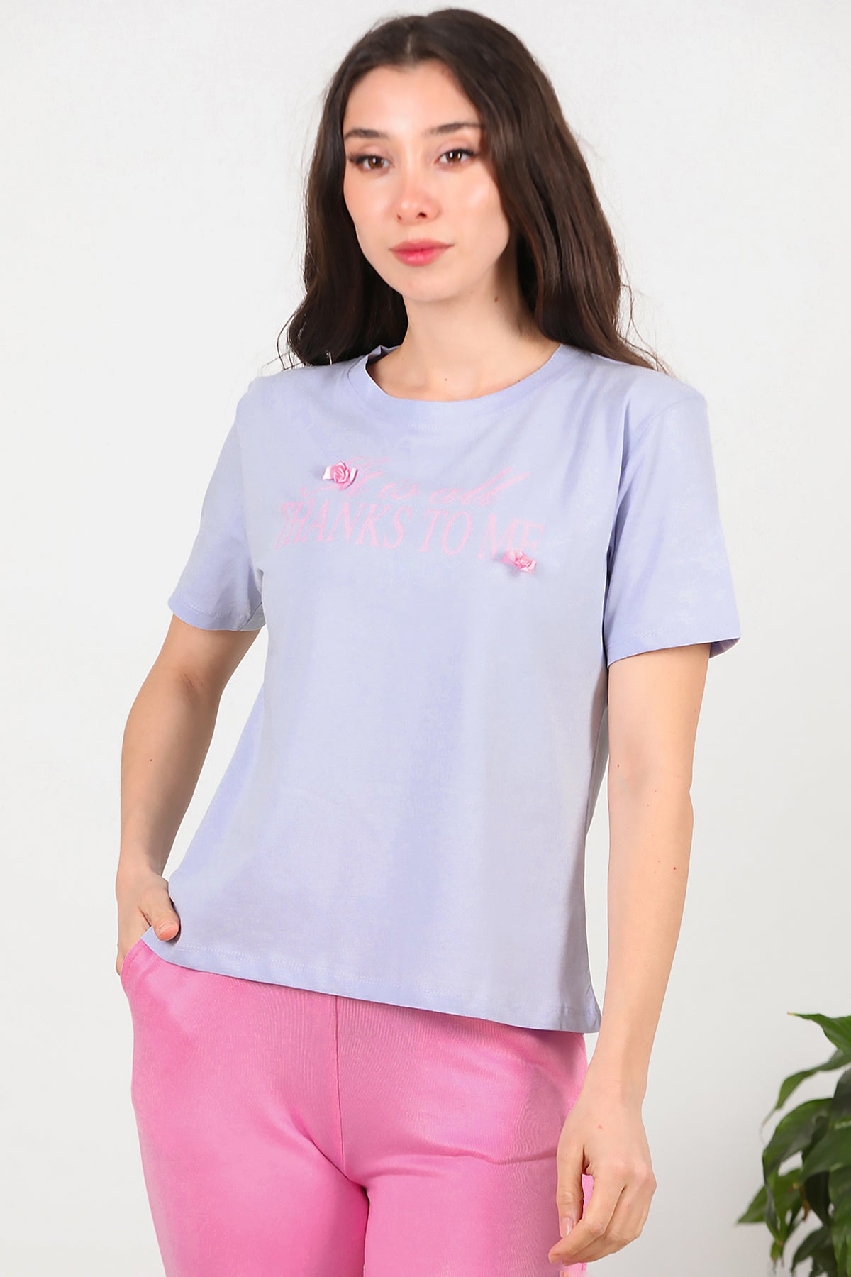 Kadın Bisiklet Yaka Baskılı T-Shirt Lila