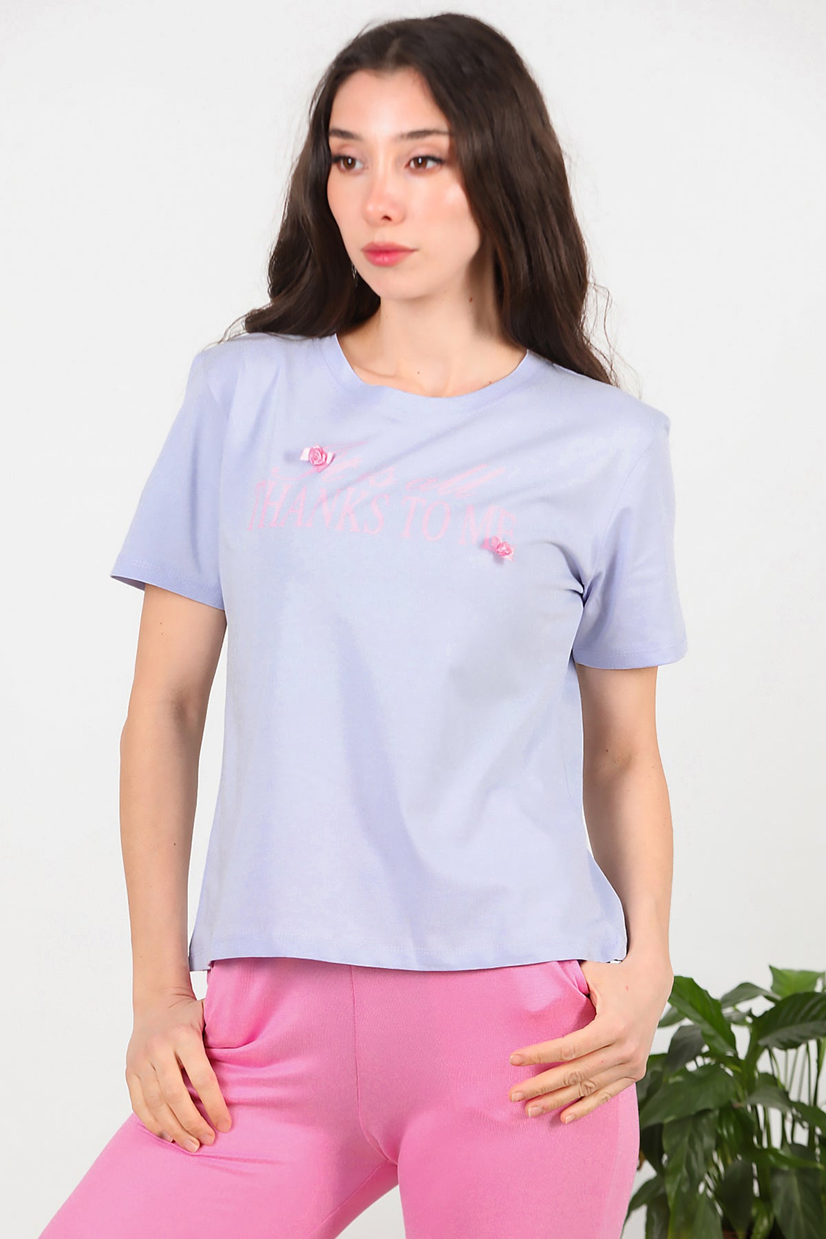 Kadın Bisiklet Yaka Baskılı T-Shirt Lila