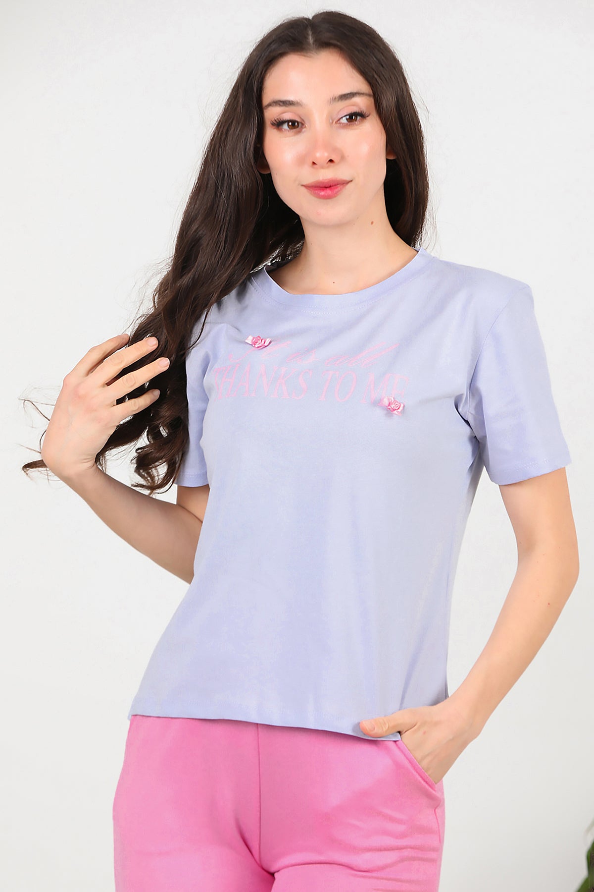 Kadın Bisiklet Yaka Baskılı T-Shirt Lila