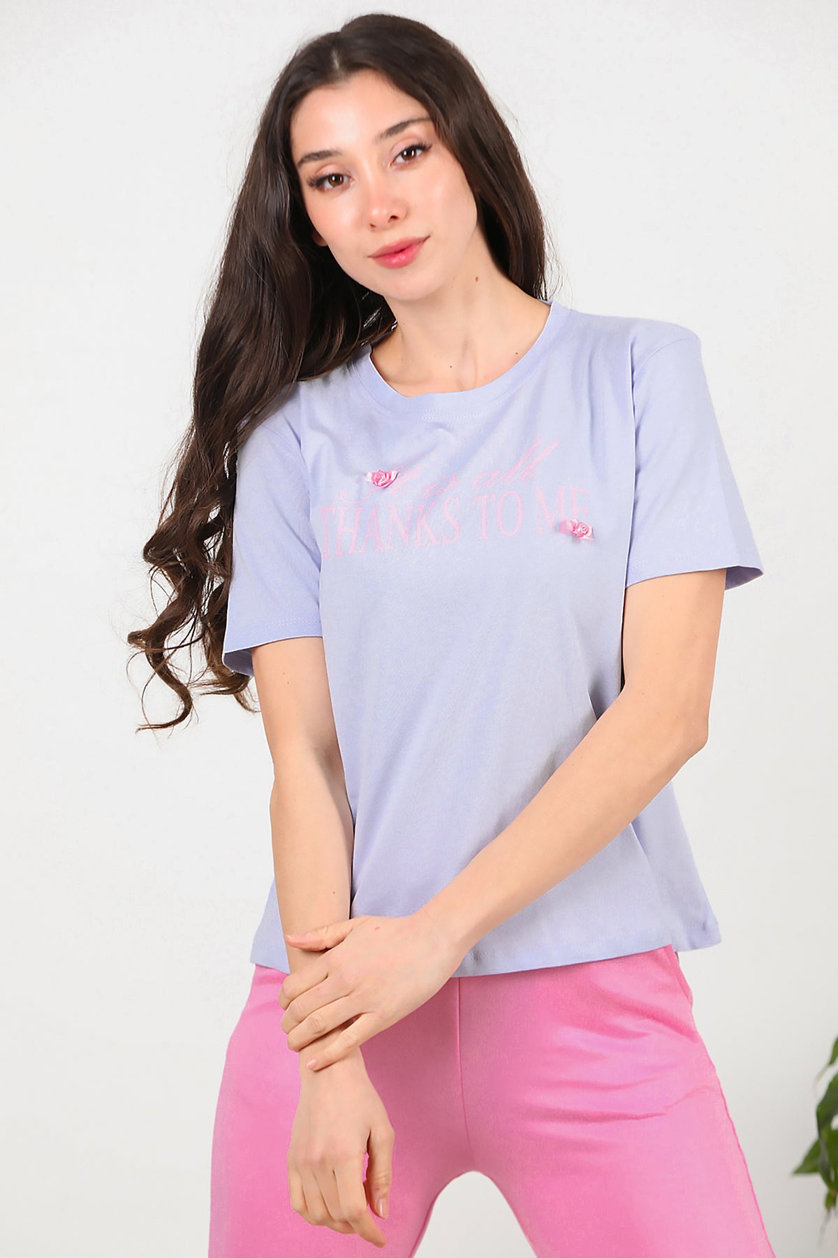 Kadın Bisiklet Yaka Baskılı T-Shirt Lila