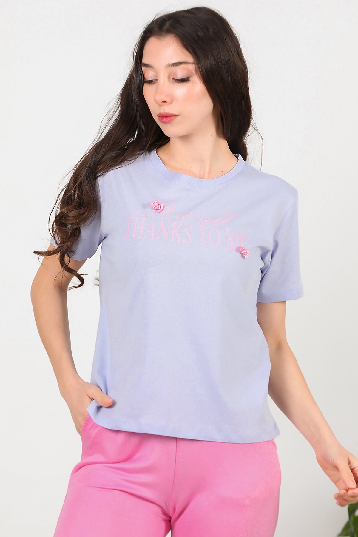 Kadın Bisiklet Yaka Baskılı T-Shirt Lila