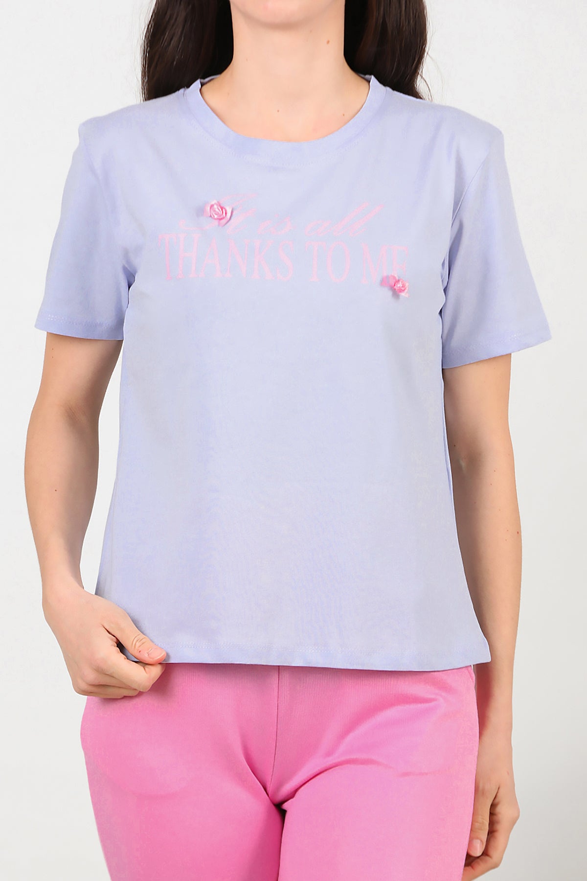 Kadın Bisiklet Yaka Baskılı T-Shirt Lila