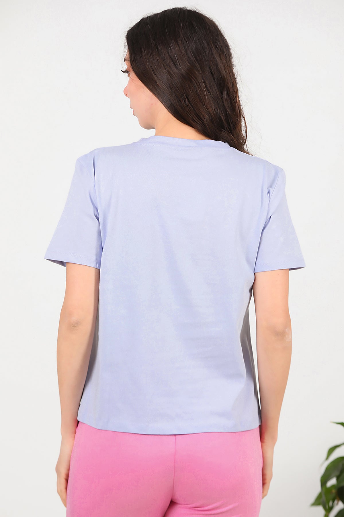 Kadın Bisiklet Yaka Baskılı T-Shirt Lila