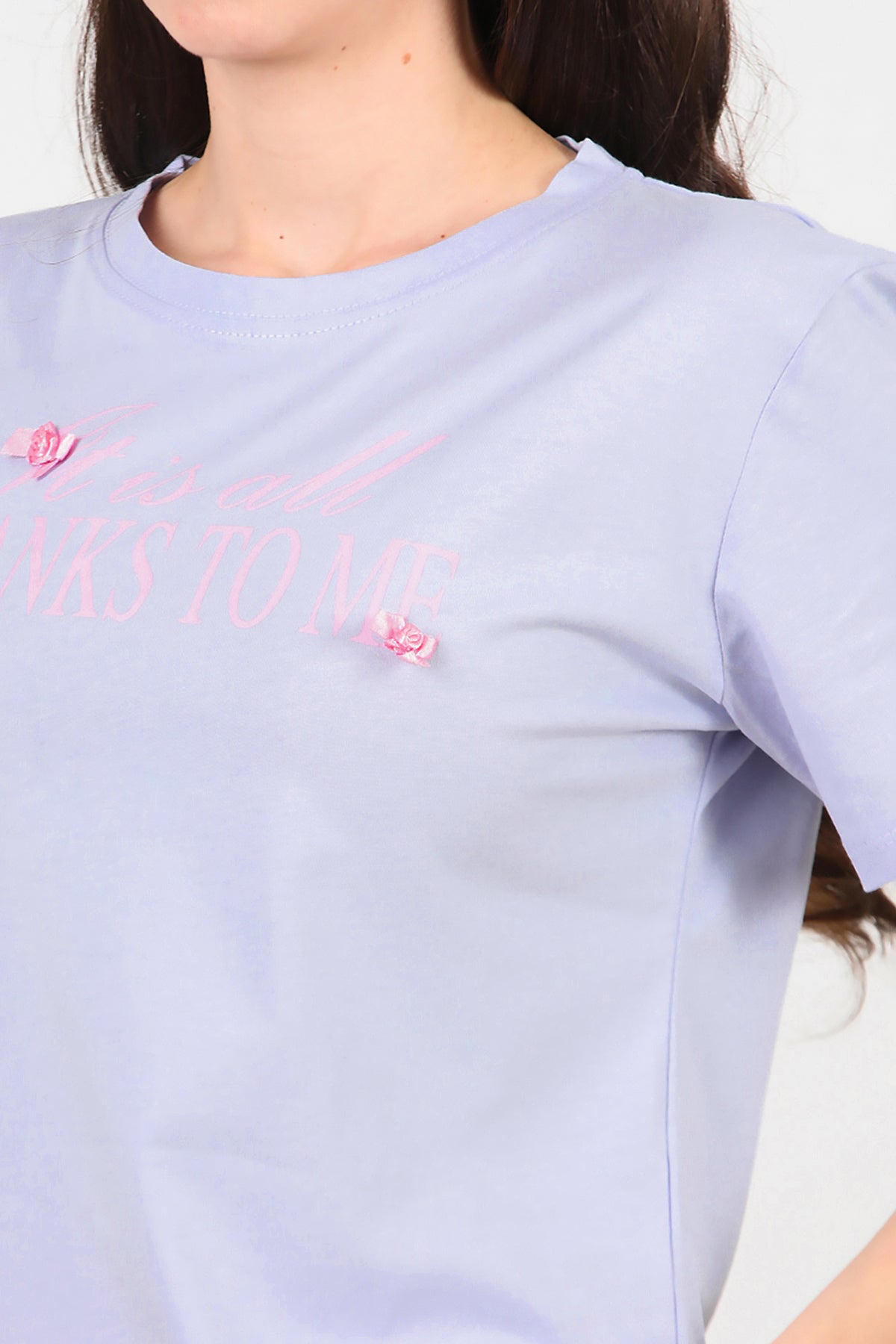 Kadın Bisiklet Yaka Baskılı T-Shirt Lila