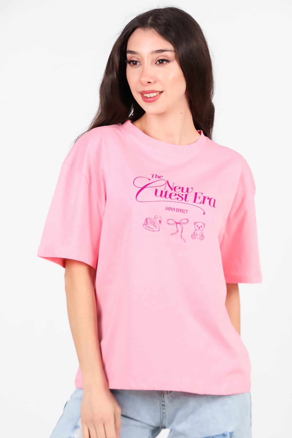 Kadın Ön-arka Baskılı T-Shirt Pembe