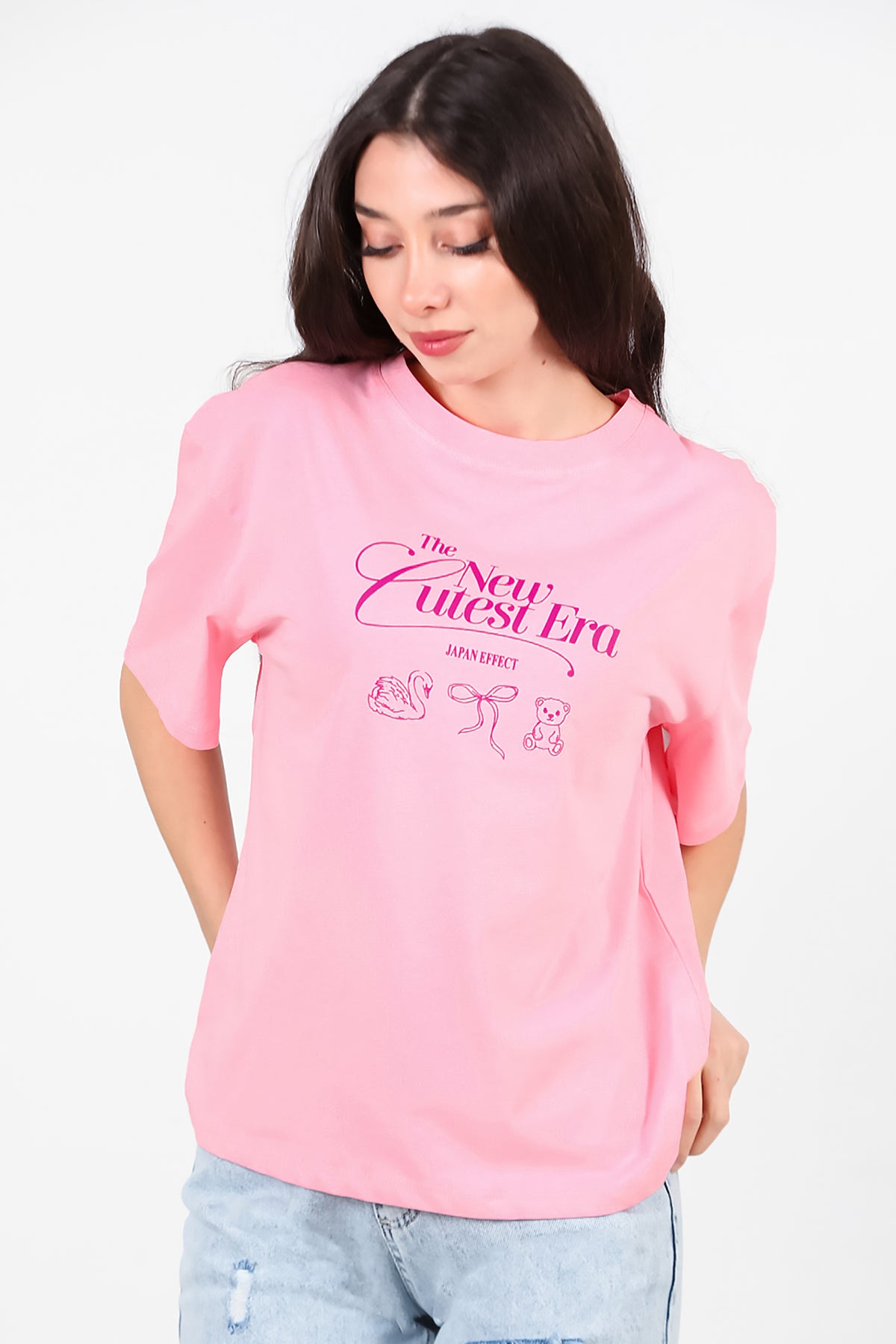 Kadın Ön-arka Baskılı T-Shirt Pembe