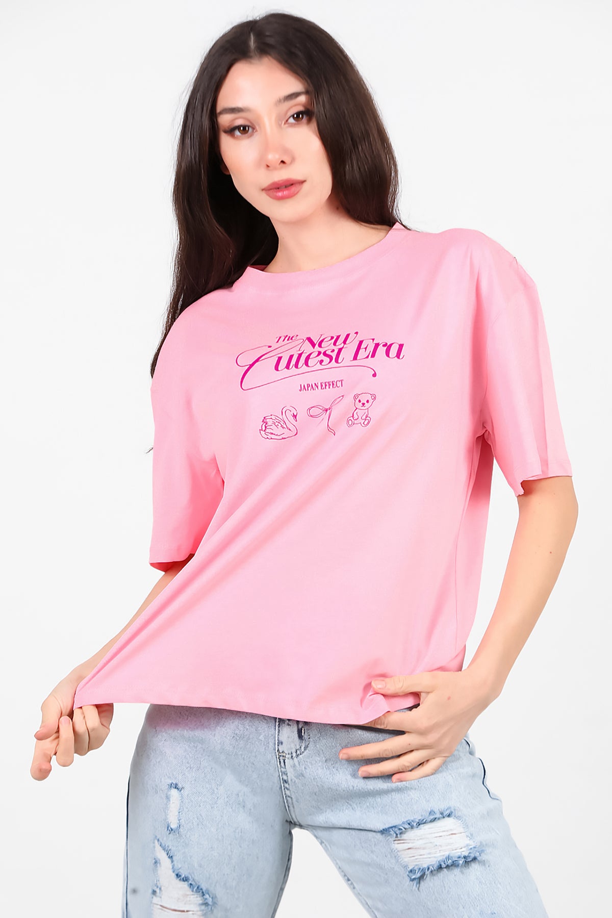 Kadın Ön-arka Baskılı T-Shirt Pembe
