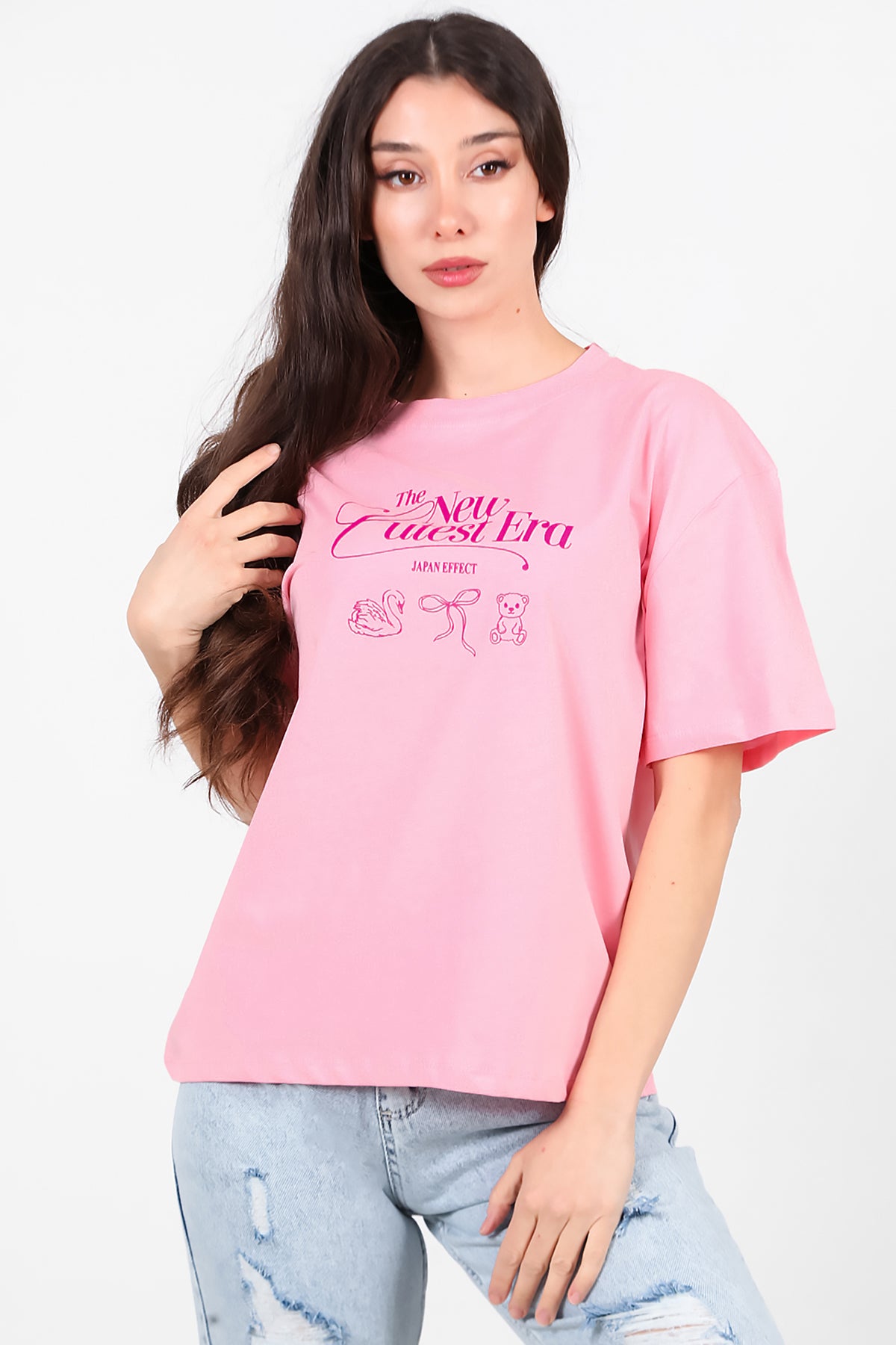 Kadın Ön-arka Baskılı T-Shirt Pembe